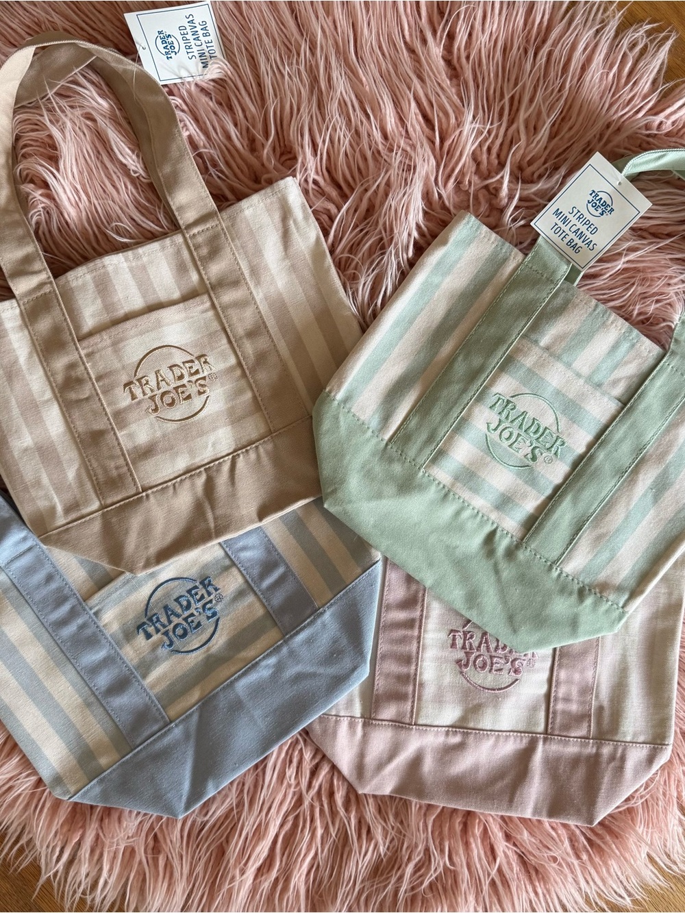 NWT Trader Joe's Pastel Stripe Mini Canvas Tote Bag pink green blue tan Summer